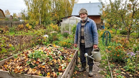 Вместо гор мокрых листьев — рыхлое "черное золото": засыпаю в мешки 2 горсти этой "смеси" — и к весне компост готов