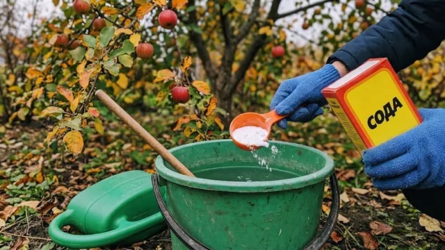 Беру 50 г соды на ведро воды и опрыскиваю яблоню: плоды румяные, а болезни не досаждают — как обработать дерево до листопада