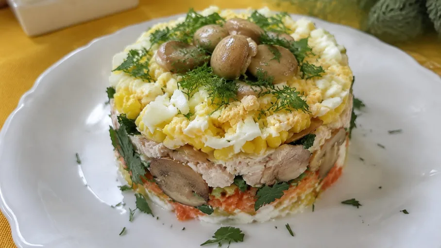Встречаю осень главным салатом сезона: смешиваю грибы, курицу и кукурузу — никакой возни, а вкус просто бомба