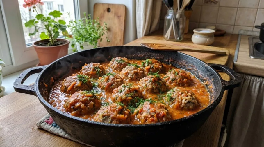 Готовлю целую сковороду, а всё равно мало: сочные мясные «ёжики» в сметанно-томатном соусе — сытный ужин, как в детстве