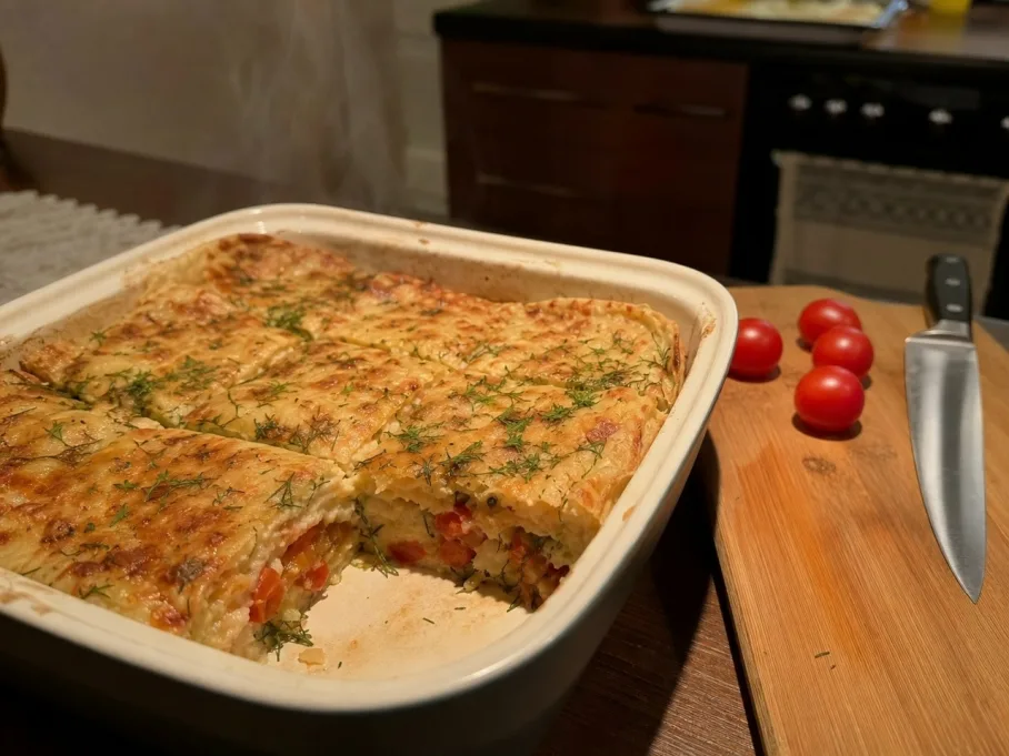 Сочный, чесночный и с корочкой: идеальный творожный пирог из лаваша с томатами